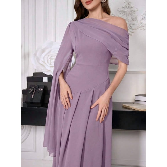 Purple Womens One Shoulder Draped Maxi Dress With Sheer Overlay, Elegant Off-Shoulder Evening Gown