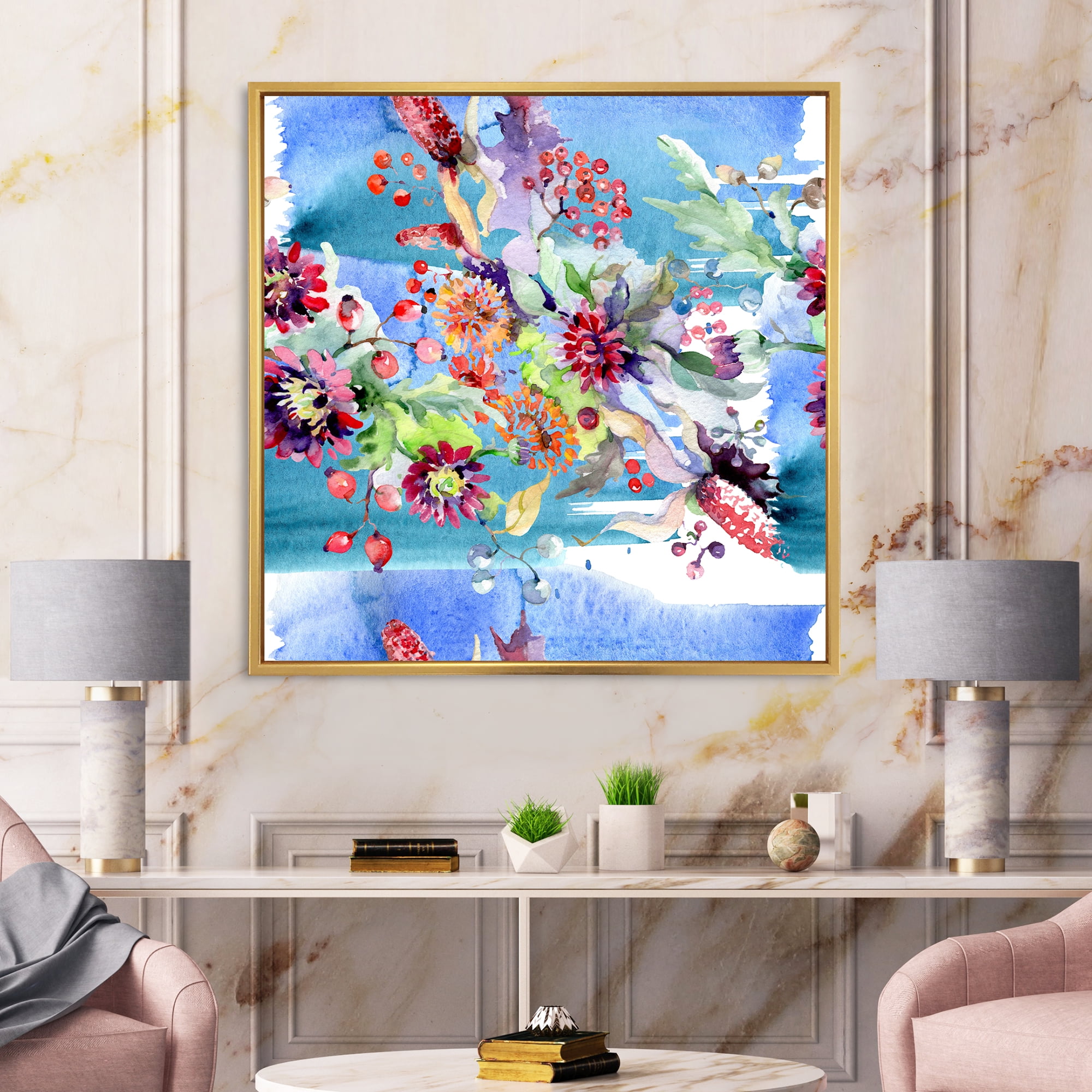 Wildflowers and Vibrant Wild Spring Leaves XIII 36 in x 36 in Framed Painting Canvas Art Print, by Designart