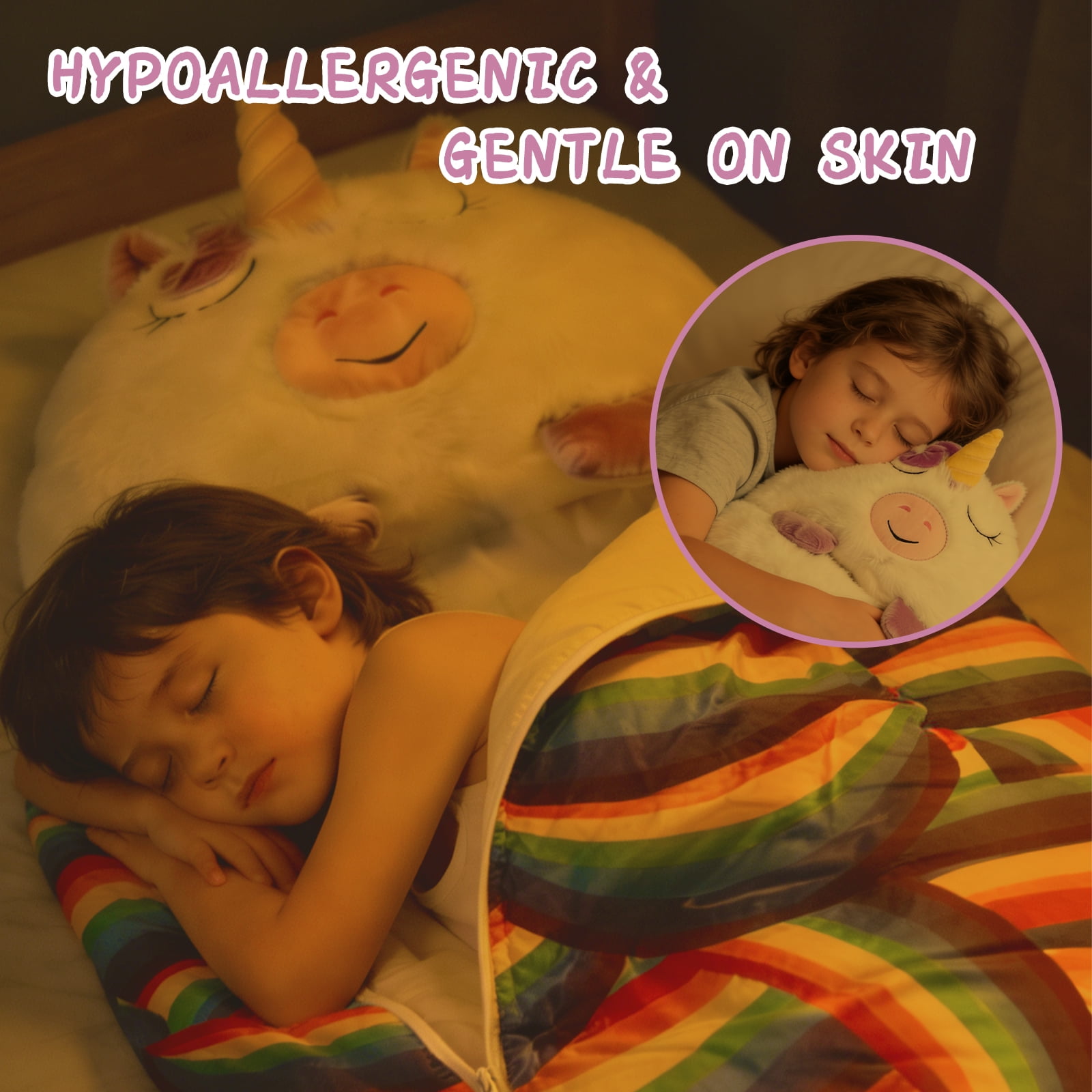 Kids Unicorn Sleeping Bag with Pillow - 2-in-1 Foldable, All Seasons, Soft & Warm (45"x19")-WHITE