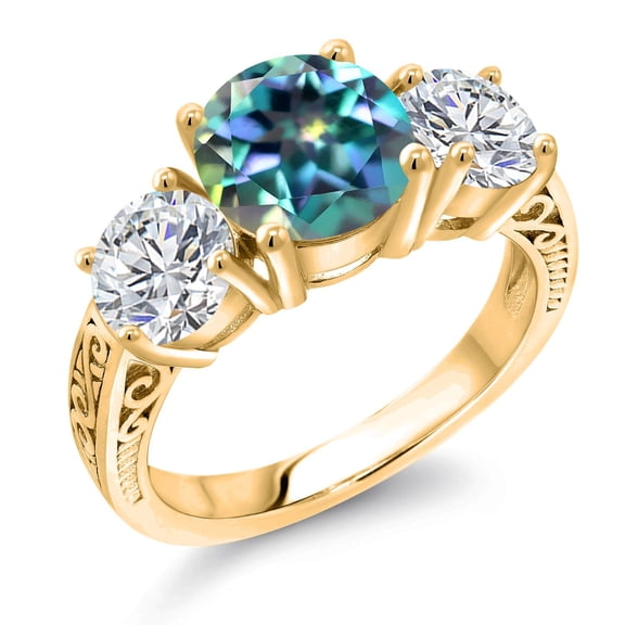 Gem Stone King 18K Yellow Gold Plated Silver Millennium Blue Mystic Topaz and Lab Grown Diamond Engagement Ring for Women | 3.48 Cttw | Round 8MM | Gemstone November Birthstone | Size 6