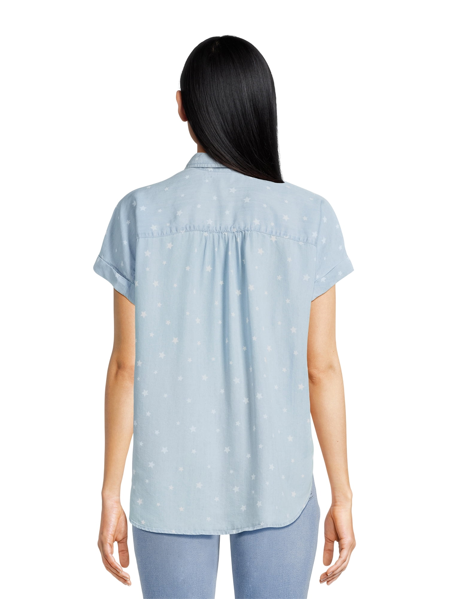 Time and Tru Women's Button Down Camp Shirt with Roll Cuff Sleeves, Sizes XS-XXXL