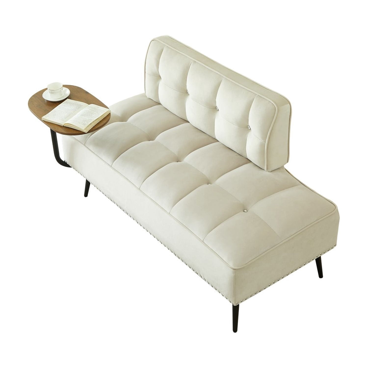 54-Inch Modern 2 Seater Velvet Sofa with 360 Rotating Side Table, Upholstered Couch with Nailhead Trim for Living Room Bedroom Apartment, Beige