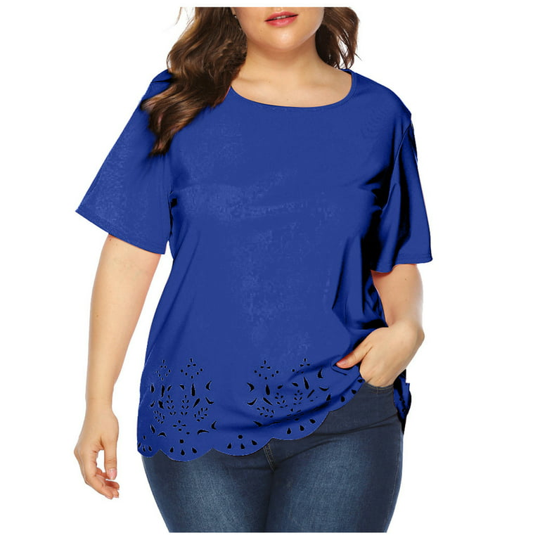 USSUMA T-Shirts for Women Trendy Size Tops for Women Casual T-Shirt Short Sleeve Round Neck Floral Hollow Out Tunic Oversized Shirts - Walmart.com