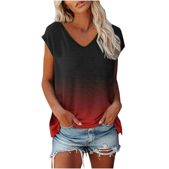 Scyoekwg Womens Tops V-Neck Cap Sleeve Tops Summer Short Sleeve T Shirts Loose Blouses Casual Gradient Color Ladies Tops Trendy Blouses (Red,S)