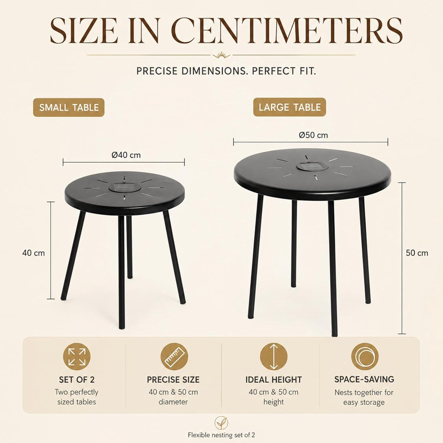 Black Round Nesting Coffee Table Set of 2, 2 PCS Small Outdoor Nesting Tables with LED Light for Living Room, Metal Side Table Set for Balcony Patio