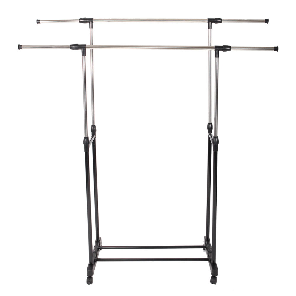 Dual-bar Clothes Drying Rack on wheels with Shoe Shelf Vertical Stretching Stand 