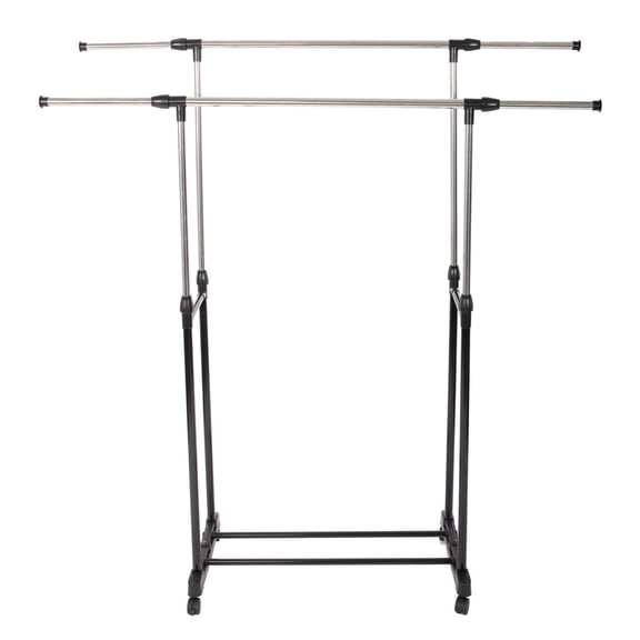 Garment rack, Dual-bar Clothes Rack with Shoe Shelf Vertical & Horizontal Stretching Stand Black & Silver