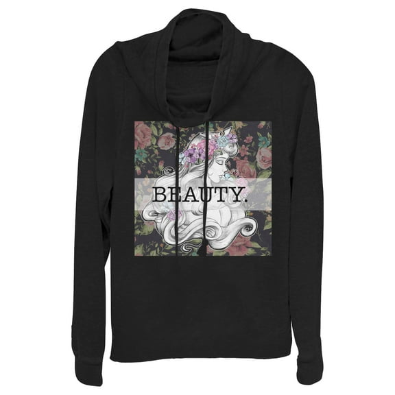 Junior's Sleeping Beauty Aurora Floral Print Cowl Neck Sweatshirt Black X Small