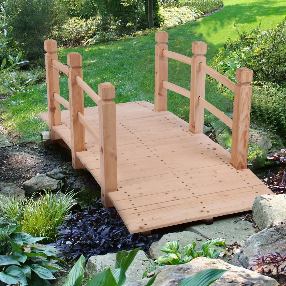 Kepooman 5 ft Outdoor Wooden Garden Bridge with Railings, Arc Footbridge for Decor Backyard Pond Landscaping, Natural Kepooman 5 ft Outdoor Wooden Garden Bridge with Railings, Arc Footbridge for Decor Backyard Pond Landscaping, Natural