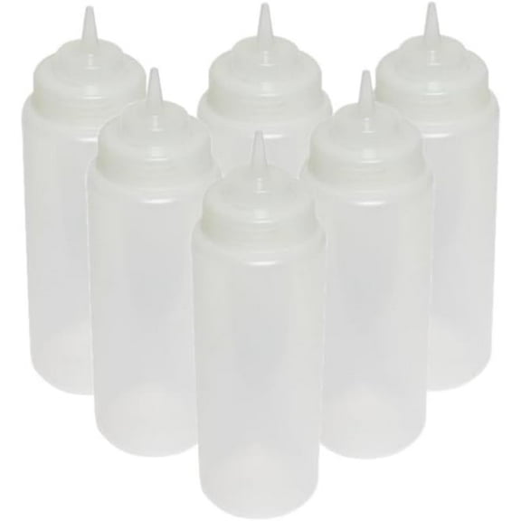 TrueCraftware- Set of 6 Squeeze Condiment Wide Mouth Dispensing Bottles 16 oz Clear- Plastic Squeeze Bottle for Sauces Spreads Ketchup Mustard Mayo Hot sauces and Olive oil