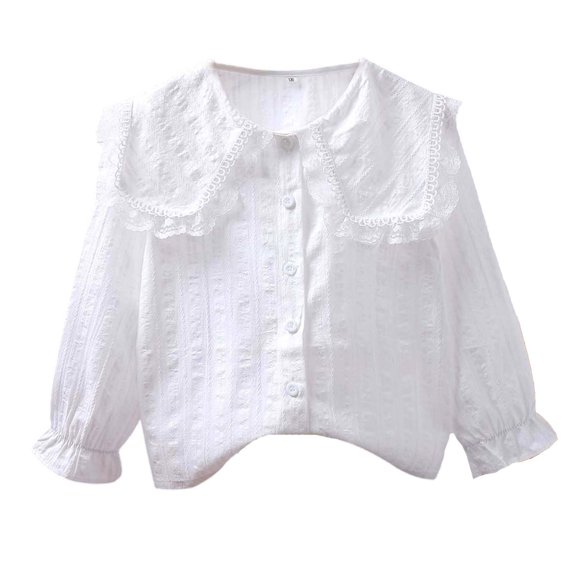 OOOUM Toddler Girls Long Sleeve Shirt Relaxed Fit Ruffle Solid Color Button Down Shirt Modest Fashionable Casual Collared Tops White 3-4 Years