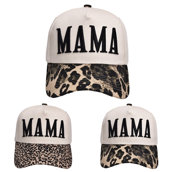 MAMA Embroidered Trucker Hat, Two-Tone Retro Baseball Cap with Leopard Detail, Adjustable Dad Hat for Women, Gift for Mother's Day, Outdoor and Daily Wear-Beige