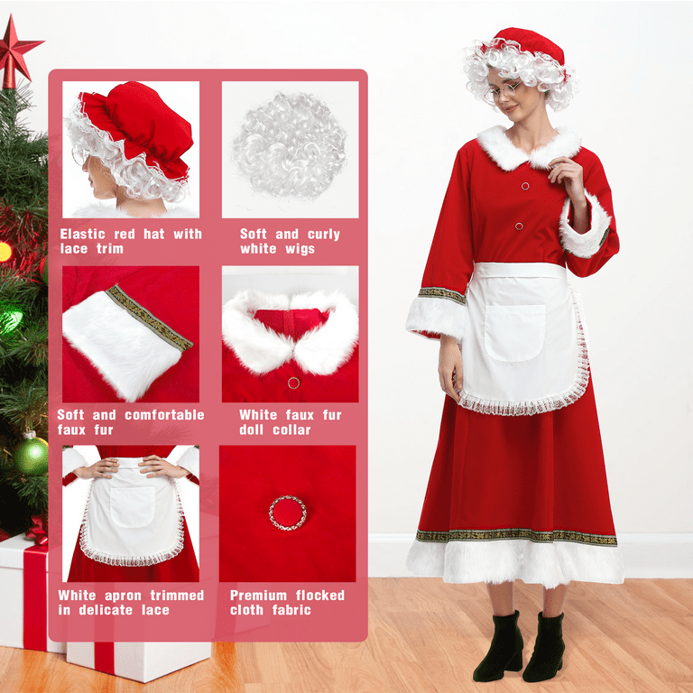 Women's Christmas Costume 5PCS Mrs Claus Costume Adult Miss Santa