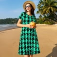 thumbnail image 4 of Picia Green and Black Houndstooth Pattern Women's Short Sleeve Summer Dress Pleated Loose Swing Knee Length Short Sleeve Swing Dresses, 4 of 6