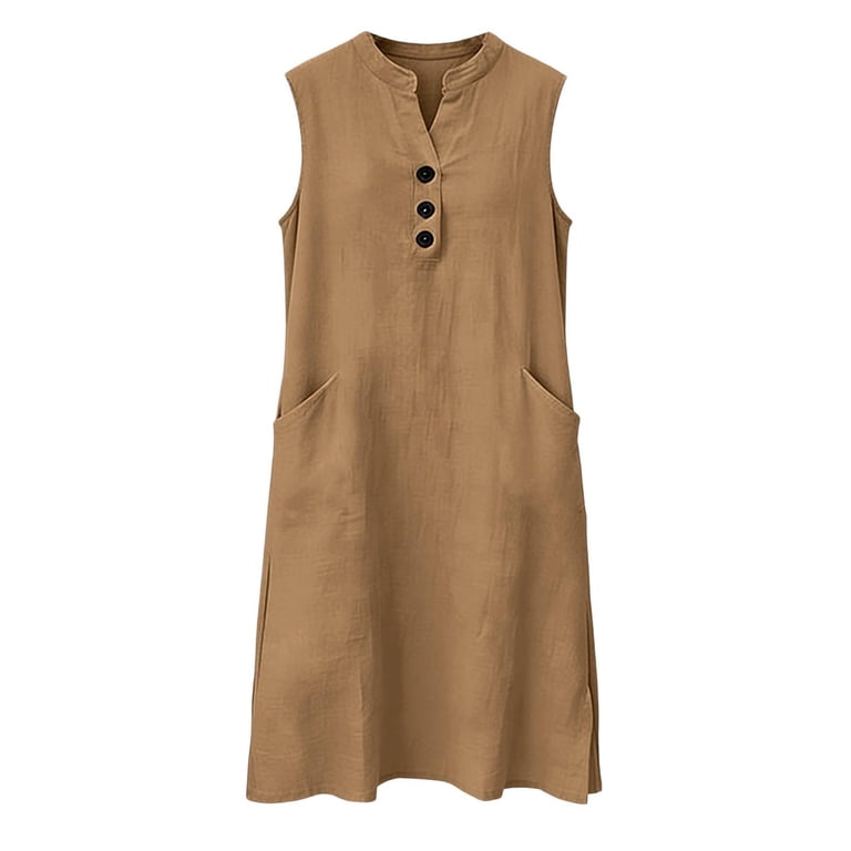 khaki sleeveless shirt dress ZHOGXU Womens Summer Dresses Sleeveless V Neck Solid Color A Line Elegant  Relaxed Fit Shirt Dress With Pockets For Casual Daily Wear,Blue,S