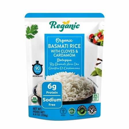 Reganic Organic Basmati Rice With Cloves & Cardamom, Ready to Eat Microwaveable Rice, 8.8 oz (Pack of 6)