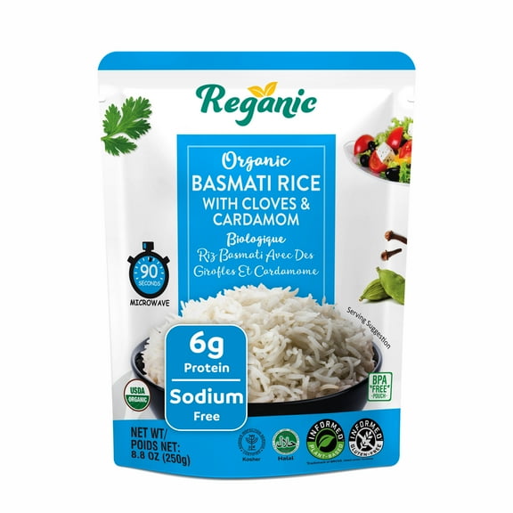 Reganic Organic Basmati Rice With Cloves & Cardamom, Ready to Eat Microwaveable Rice, 8.8 oz (Pack of 6)