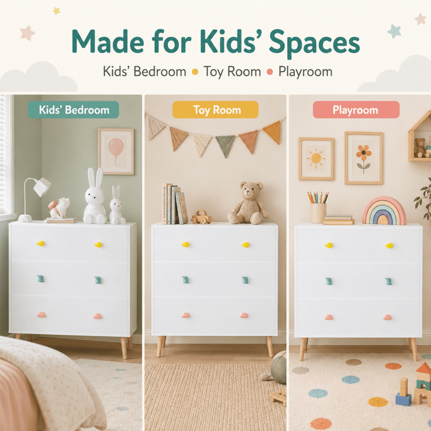 Miniyam Drawer Dresser with Glides & Safety Design for Kids Bedroom, White