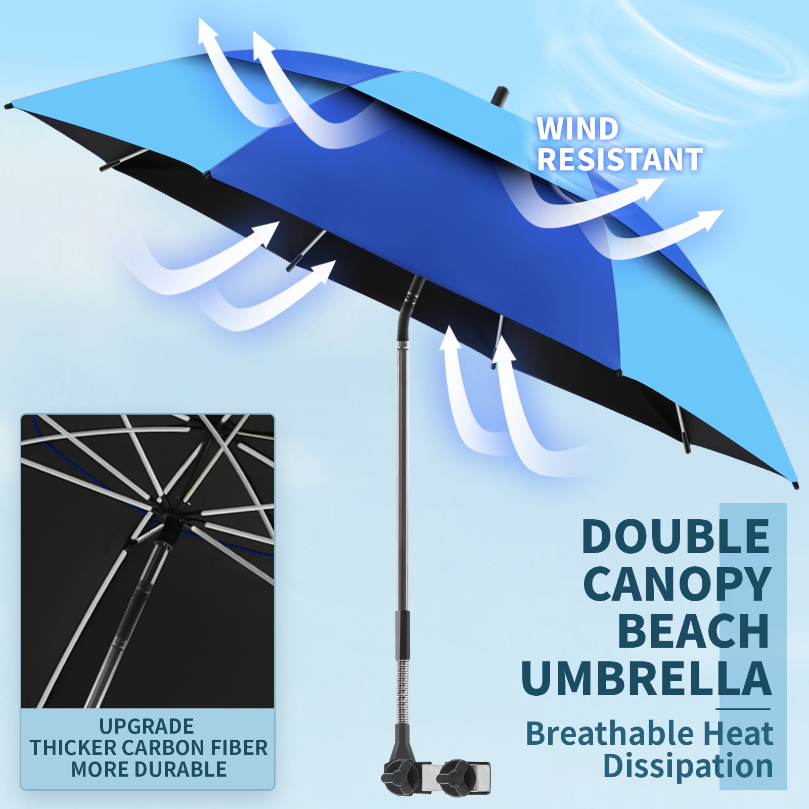 2 Pack 48.6" Double Canopy Umbrella with Clamp, UPF50+ Beach Chair Umbrella with clip, 360°Adjustable Portable Outdoor Wheelchair, Patio, Golf Carts,Camping(Blue / Light Blue, Not Include Chair)