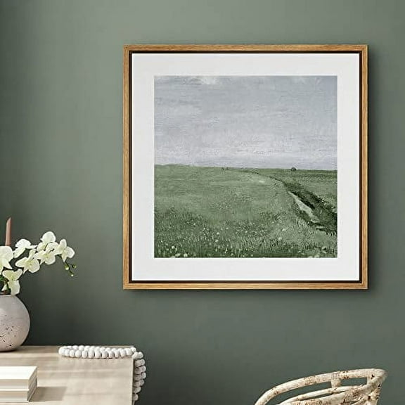 PixonSign Framed Canvas Wall Art Watercolor Green Pasture Countryside Horizon Print Nature Wilderness Fine Art Farmhouse/Country Minimal Artwork for Living Room, Bedroom, Office - 24"x24" Natural