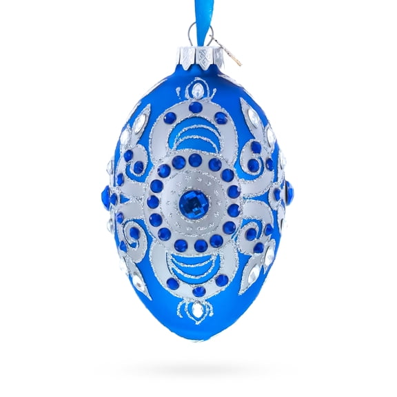 Silver on Blue Glass Egg Christmas Ornament 4 Inches