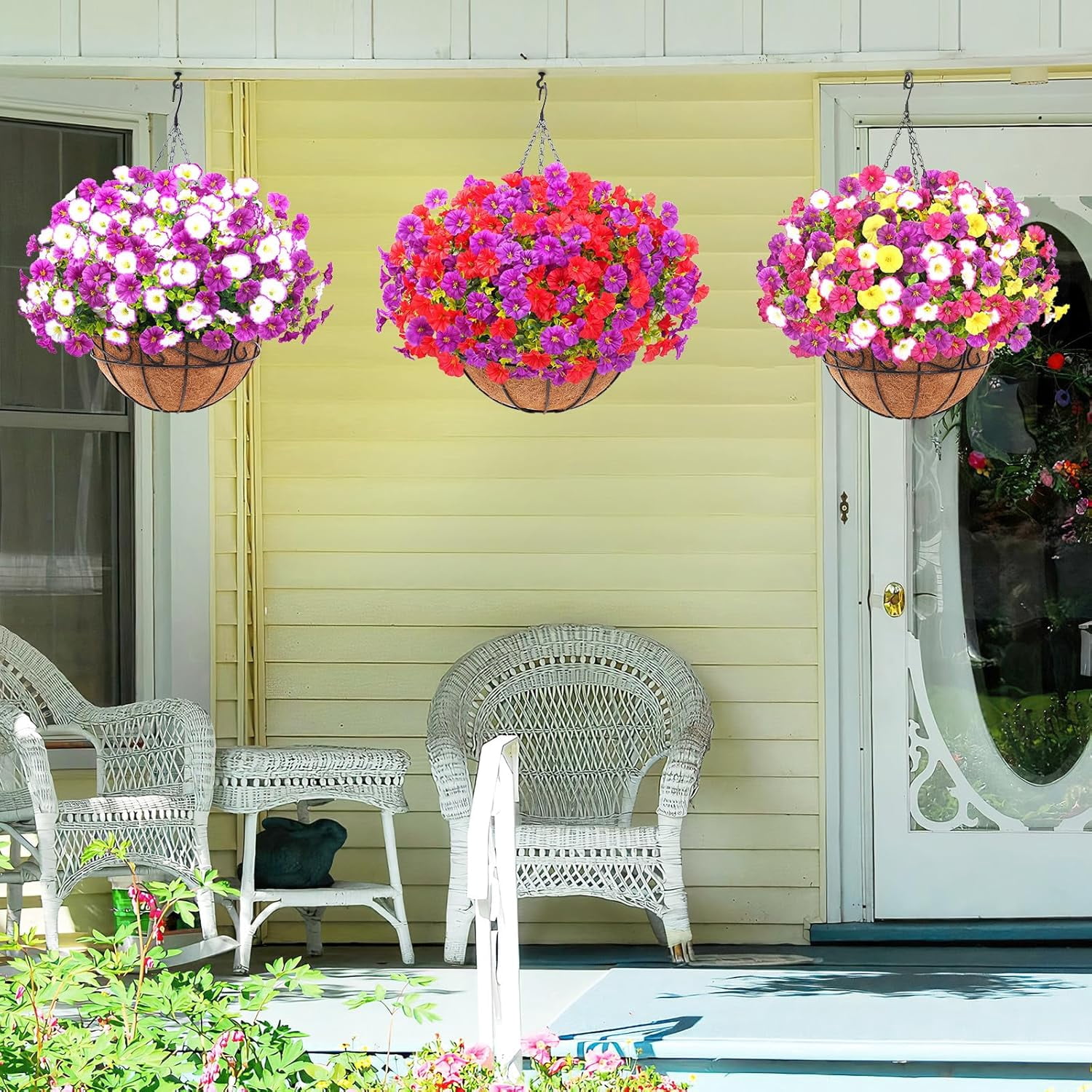 Waipfaru Artificial Hanging Flowers in Basket,Fake Hanging Plants for Outdoors Spring Summer Decoration,UV Resistant Petunias Flower for Garden Porch Patio Balcony Decor