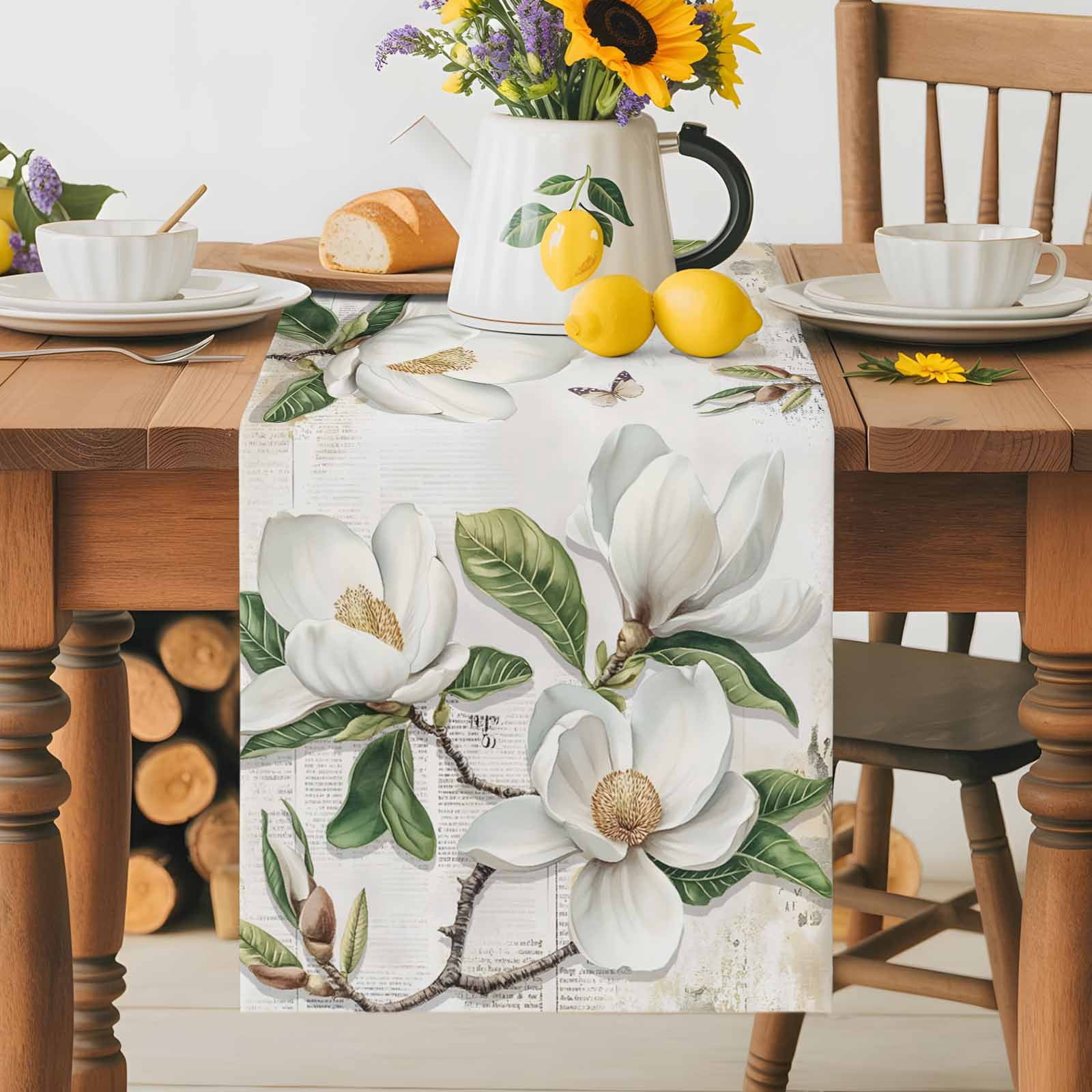 Retro Magnolia on Newspaper Table Runner 90 Inches Long, Butterfly White Floral Green Leaf Table Runners Tabletop Scarf Kitchen Dining Tables Decoration for Home Party Indoor Outdoor