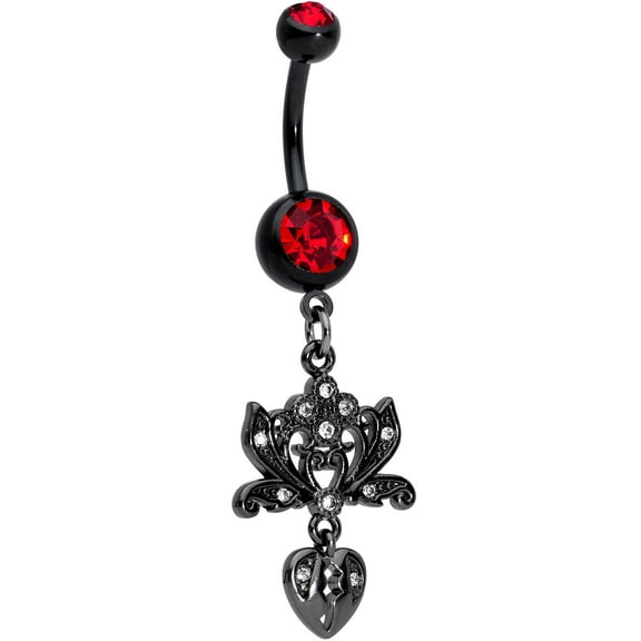 Body Candy Women 14G Black PVD Steel Navel Ring Piercing Red Accent Lotus Heart Dangle Belly Button Ring
