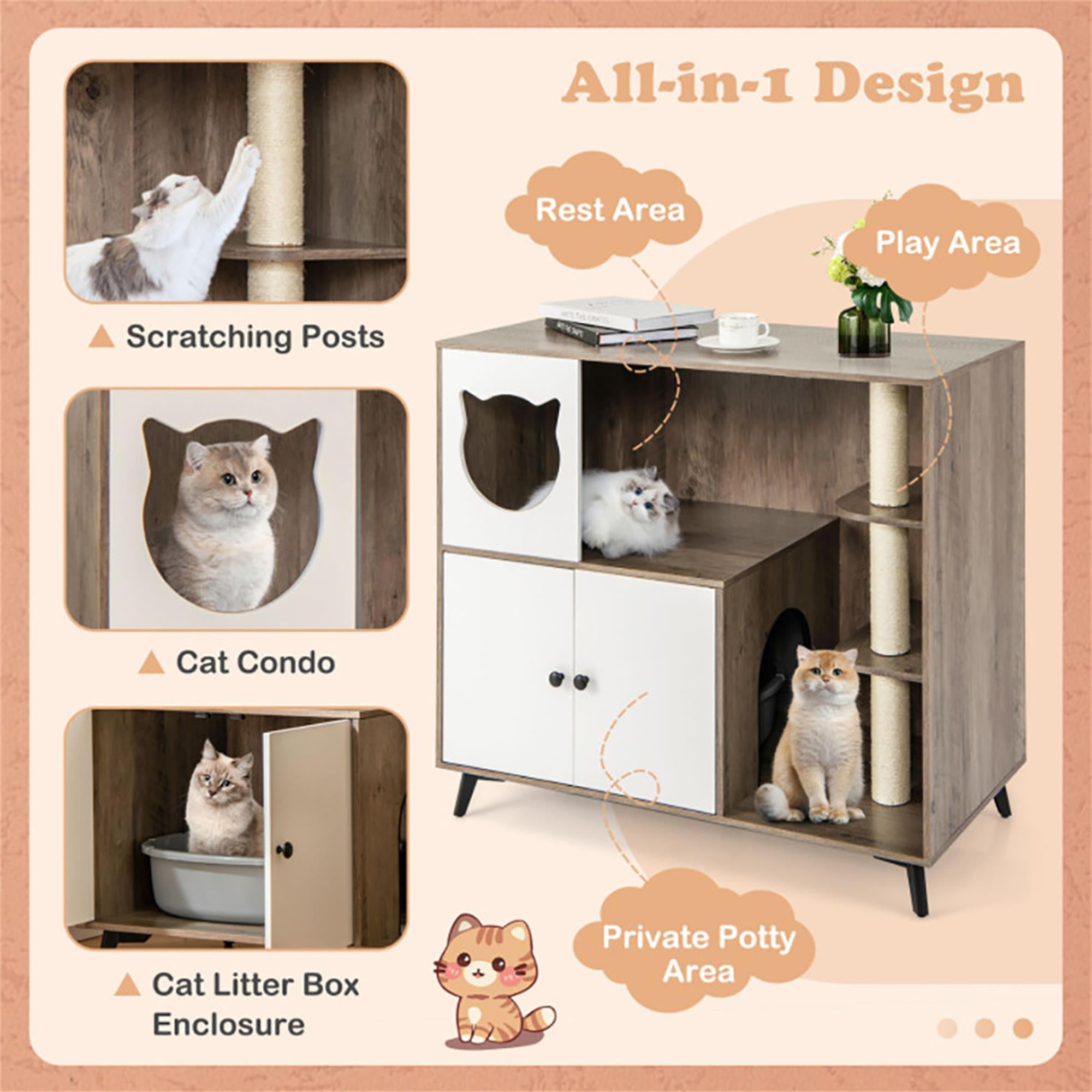 Kadyn 40" Cat Litter Box Enclosure Hidden with 3 Sisal Scratching Posts for Indoor Cats, All-in-One Wood Cat House Condo Furniture, Brown