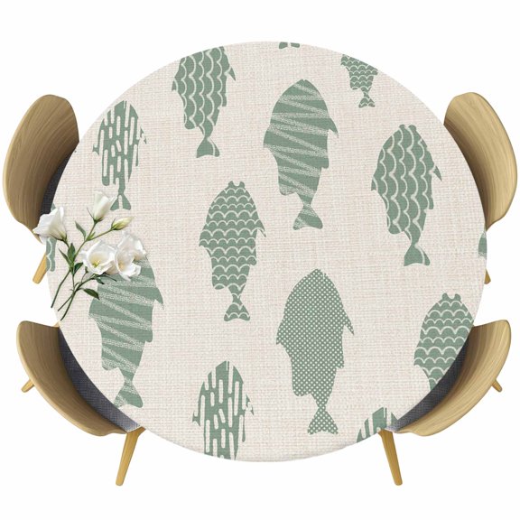 Abstract Art Fish Green Round Tablecloth 45-54 Inch Round Fitted Table Cloth with Elastic Edge, Coastal Ocean Summer Marine Life Waterproof Table Cover Protector for Outdoor Picnic Party Dining