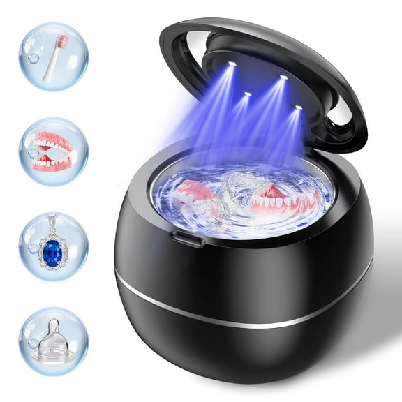Black Ultrasonic Retainer Cleaner, Denture Dome 45khz Dental Pod Cleaner, UV Dental Retainer Cleaner Machine with Digital Timer for Night Guards, Braces, Aligner, Toothbrush, Jewelry and More (w)