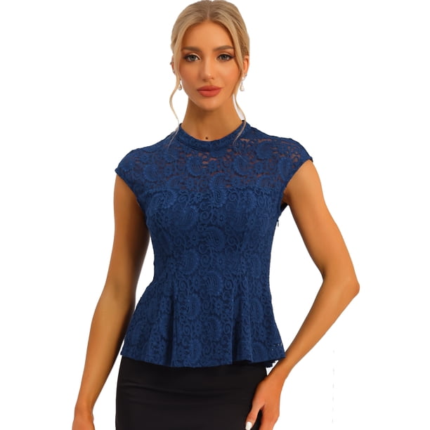 Blusa de Encaje Rojo Allegra K Con Mangas Casquillo Y Cuello Simulado De Crochet Floral Para Mujer Azul Oscuro M