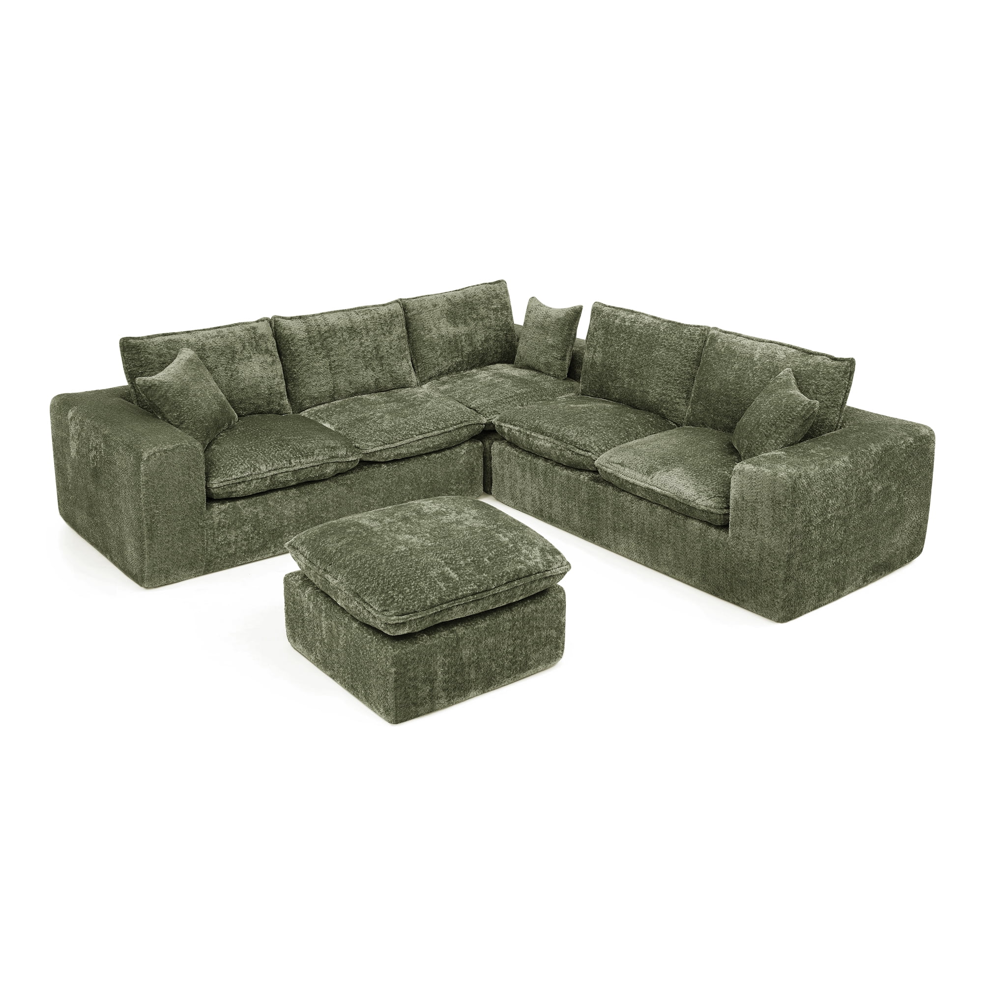 107" Modular 6 Seats Sectional Sofa Boucle Cloud Couch L Shape with Ottoman Deep Seat Comfy Living Room Sofa with Pillows, No Assembly, Green