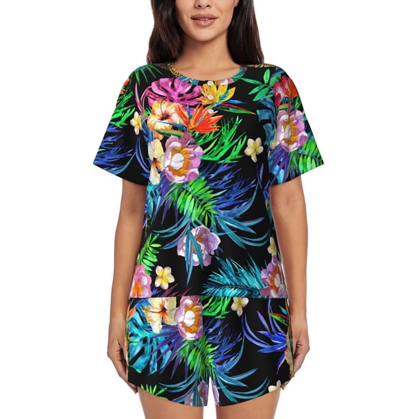 Balery Colorful Flowers Conjunto de Pijama para Mujer con Estampado, Dos Piezas de Manga Corta y Shorts, Ropa de Dormir Suave con Cuello Redondo y Bolsillos-Medium