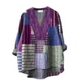 thumbnail image 3 of Purple Womens Tops Women's Blue Line Print Japanese Traditional Geometric Pattern Printed Casual Cotton and Linen V Neck Shirts for Women, 3 of 5
