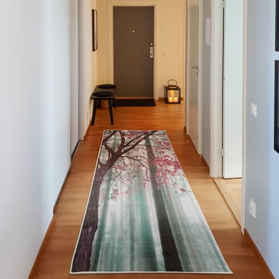 Autumn Decorative Rug, Picture of a Lonely Tree Leaves on an Abstract Woodland Background Print, Quality Carpet for Bedroom Dorm and Living Room, 6 Sizes, Pastel Pink, by Ambesonne