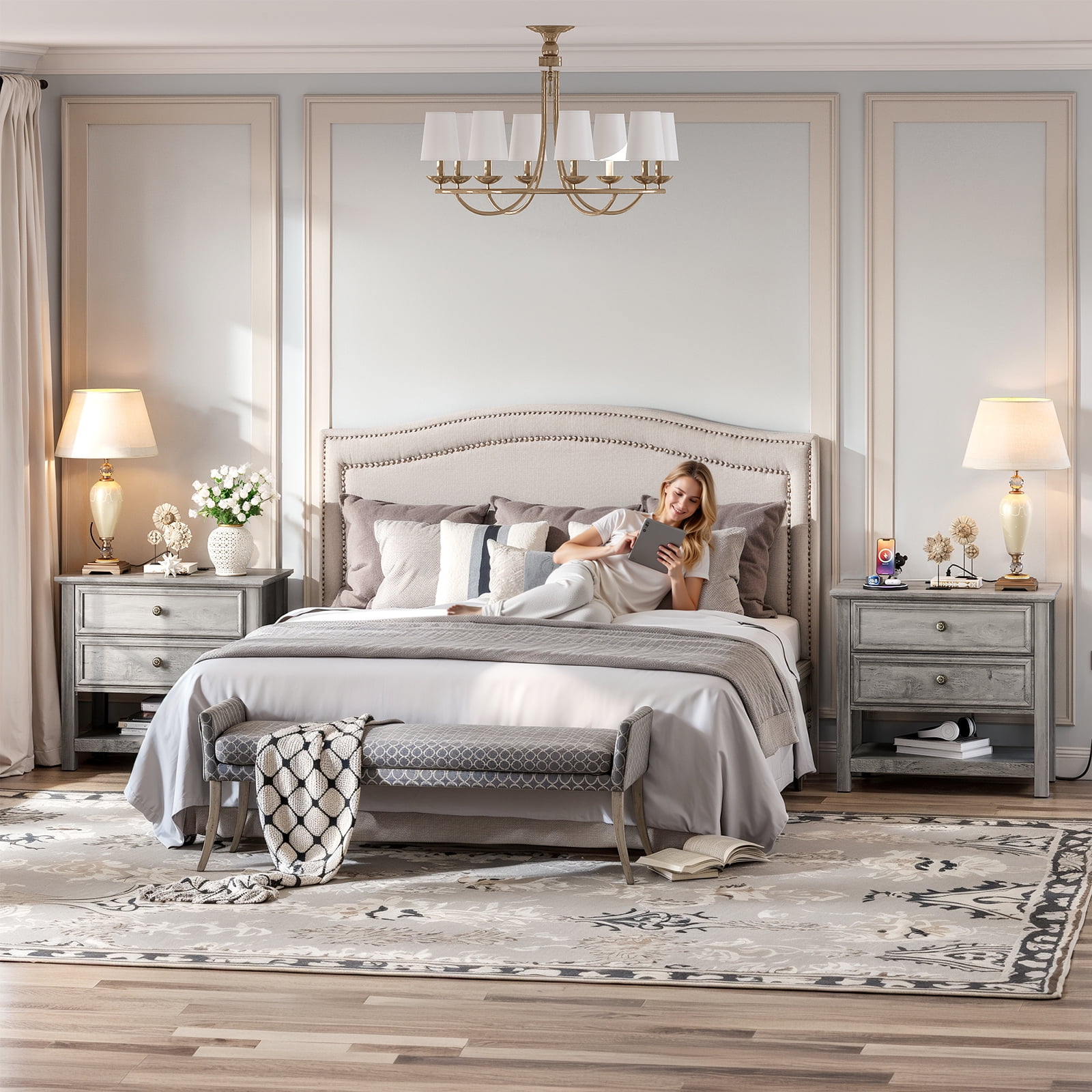 Holliwill 26.7" Wide Nightstand with Charging Station, Farmhouse Nightstands with 2 Drawers and Open Storage, End Table Bedside Table for Bedroom Living Room, Gray