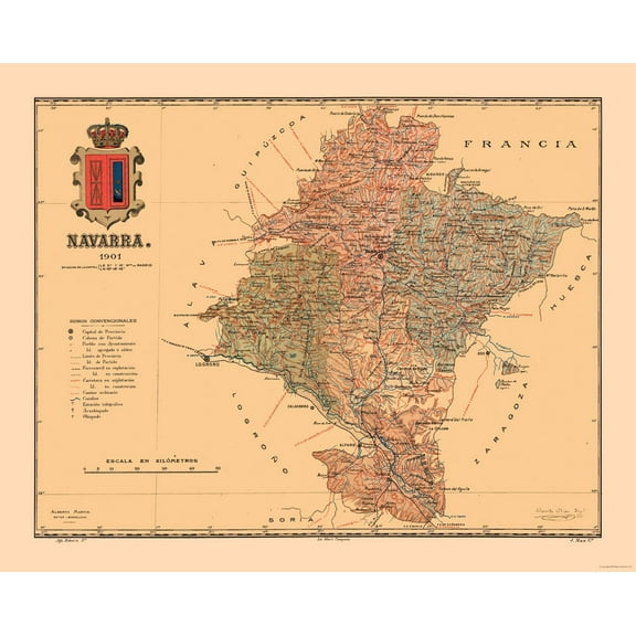 Historic Map - Navarre Spain - Martine 1904 - Vintage Wall Art