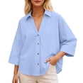 thumbnail image 2 of HOWPAY Button down Shirts for Women Long Sleeve Solid Color Basic Collared Work Blouses Oversized Stretch Loose Dressy Casual Fall Outfits Blue S, 2 of 4