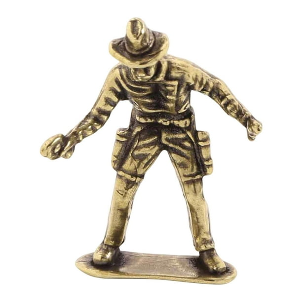 Estatua de soldado de latón pequeña, figura de luchador de escritorio en miniatura, escultura para Llevando sombrero de vaquero