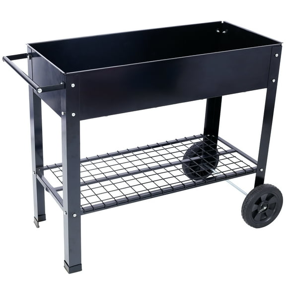 Elevated Metal Planter Black Mobile Raised Garden Bed w/Lower Shelf 24x36 in Backyard Patio Wheel