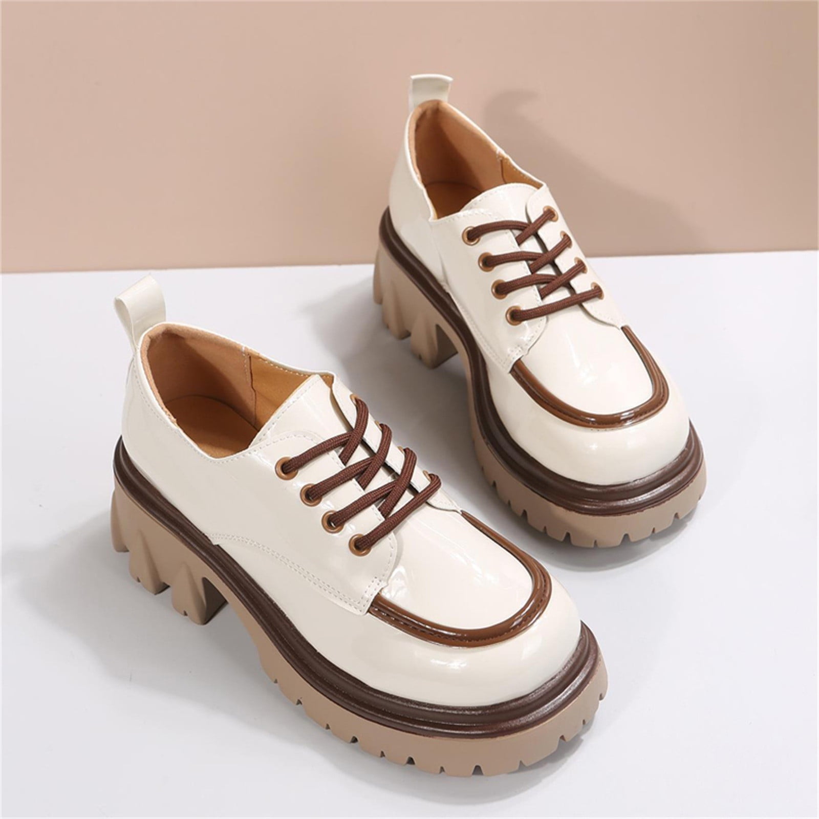 NOKIO Señoras Estilo Británico Color a Juego Cuero con Cordones Tacón Grueso Moda Casual Zapatos Individuales Tacones de Cuña Formales Mujeres con Cordones Tacón Grueso Moda Casual Zapatos Individuales