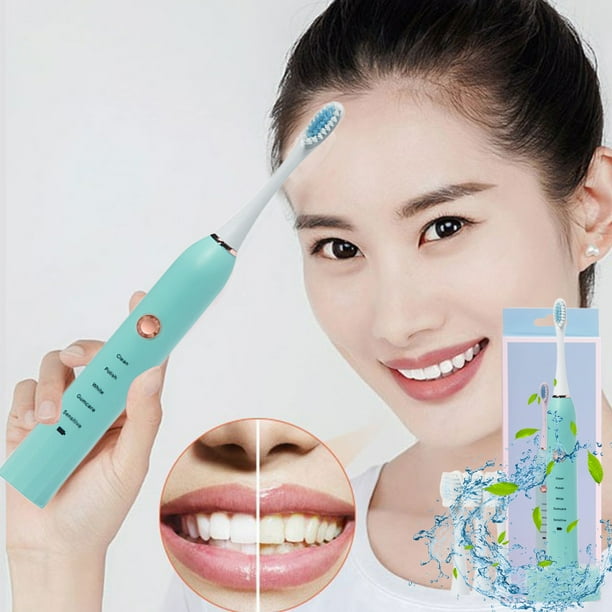 Cepillo de dientes eléctrico con temporizador y 4 cabezales de cepillo - Impermeable IPX7, 5 modos de limpieza, recargable USB, portátil para viajar - blanco, azul, rosa