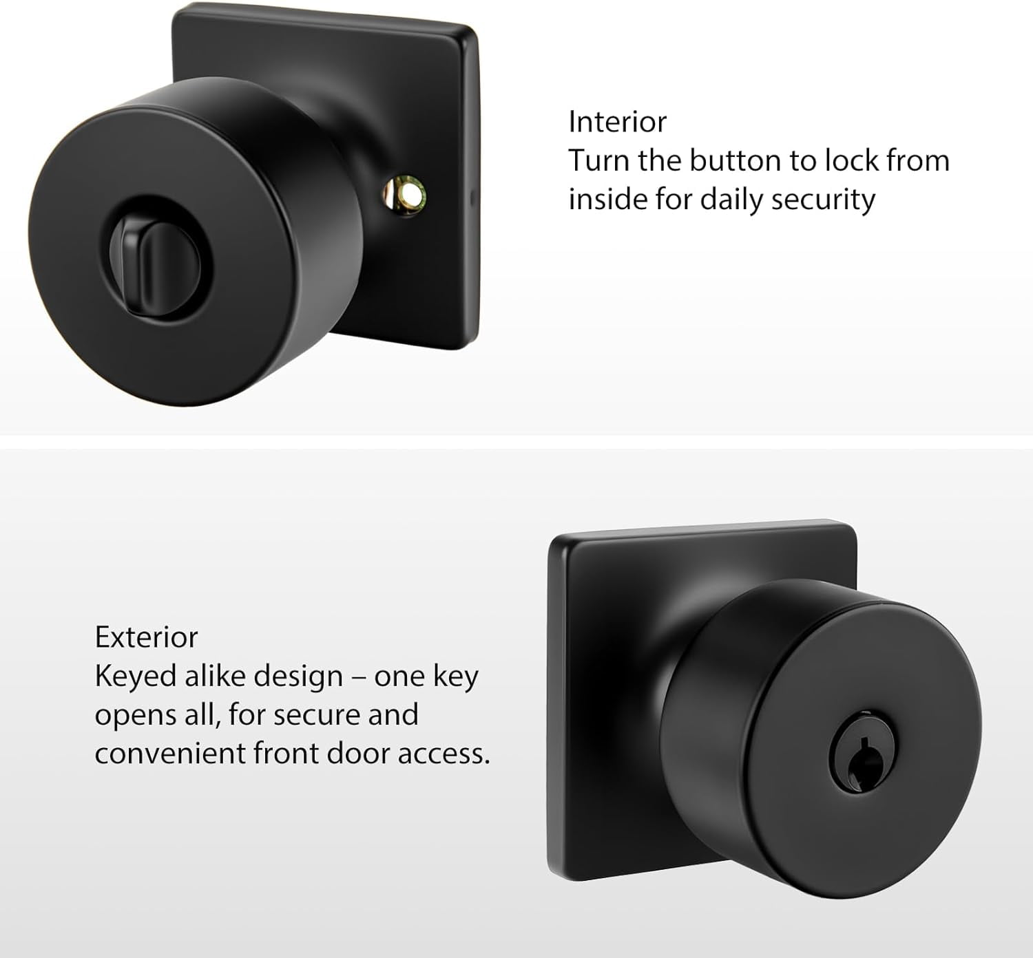 Matte Black Keyed-Alike Exterior Door Knobs, Front Door Knob with Lock and Key, Black Door Knobs Entry Door Knob 3 Pack