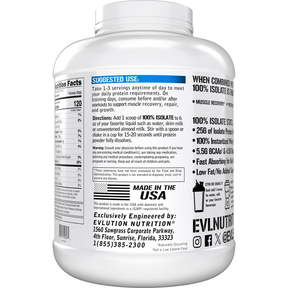 Whey Protein Powder 100% Isolate 25g - Evlution Nutrition Whey Isolate Protein Powder 5 LB - No Sugar Added, Low Carb Gluten Free - EVL Fast Absorbing Chocolate Protein Powder with BCAA