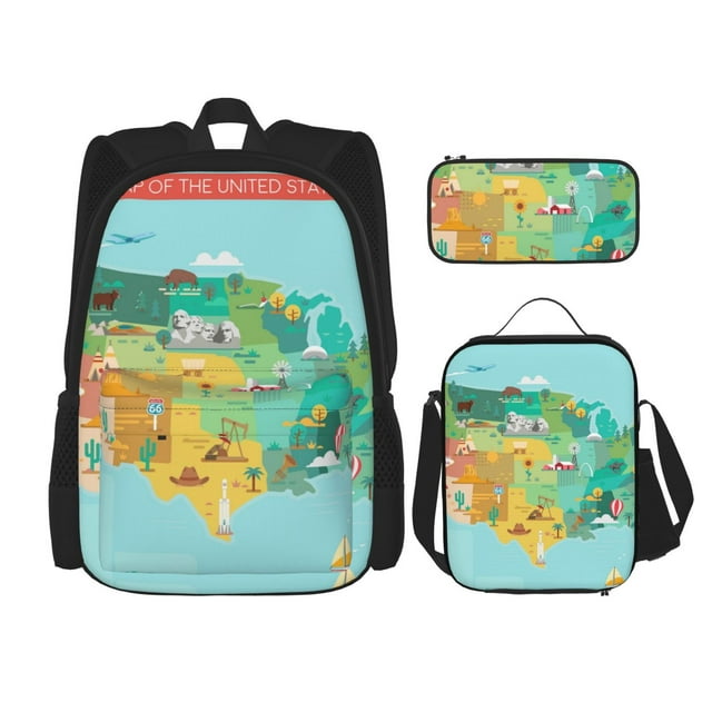 Disketp USA Tourist Map Print Large Capacity Backpack Lunch Bag Pencil Case Combination 3 Piece Set for Student