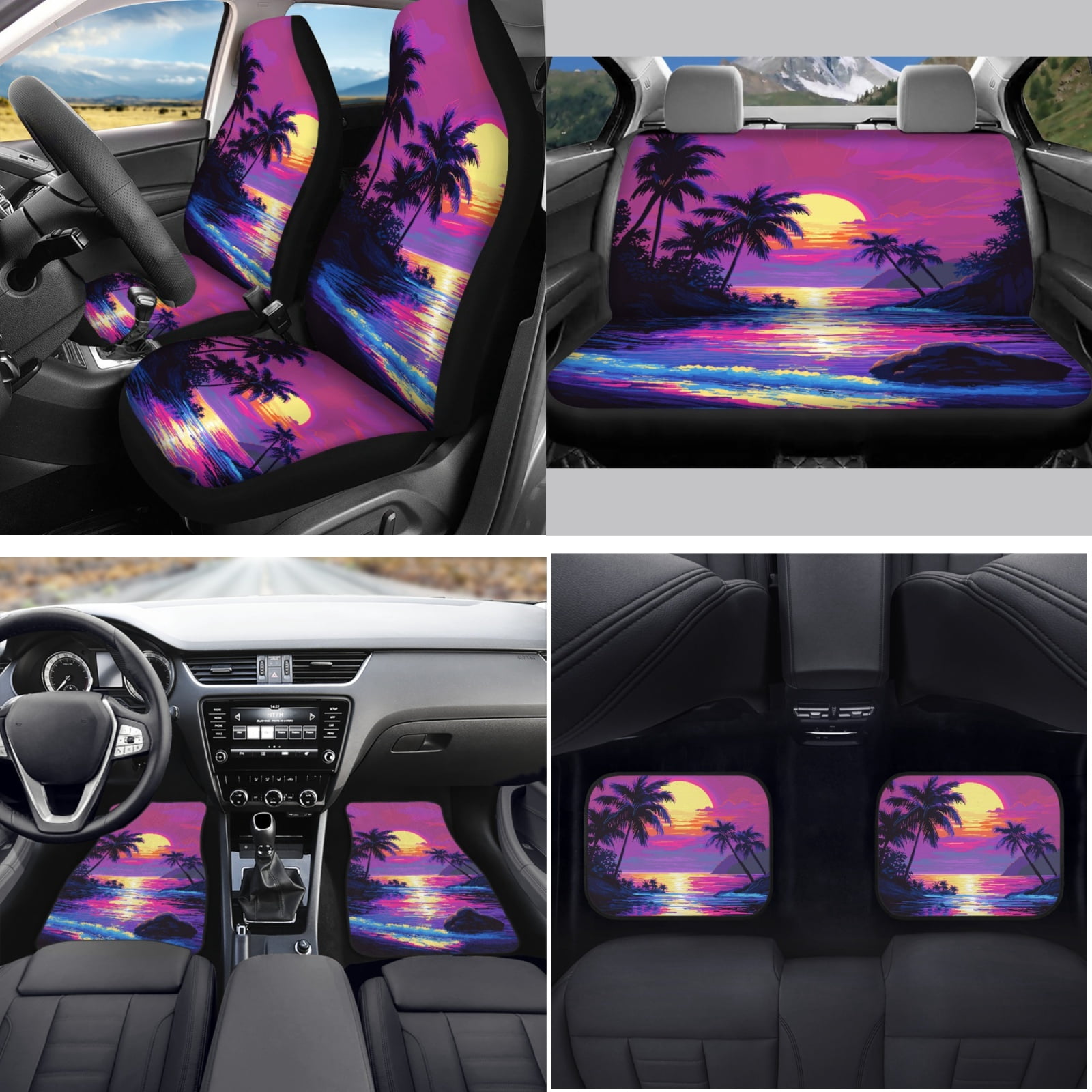 Yuyamidu Purple Sunset Car Seat Covers Full Set of 15 Seaside Steering Wheel Cover Seat Belt Cover Car Floor Mats Gear Shift Cover Cup Coasters, Easy to Install
