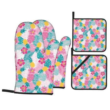 

Oven Mitts and Pot Holders 4 Piece Cute Pineapple Colorful Flower High Heat Slip Resistant Oven Mitt and Trivets Set Kitchen Oven Glove Pot Holders for Cooking Baking Grilling