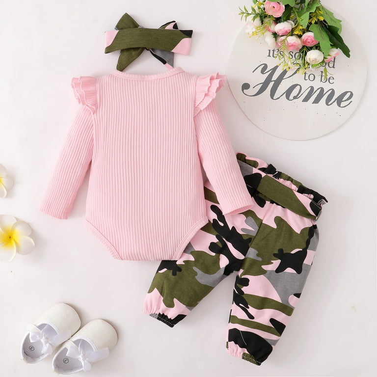 Infant Cute Toddler Baby Girl Clothes Long Sleeve Romper Top Camouflage Pants Headband 3PCS Set Pink 12 18 Months Walmart