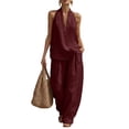 thumbnail image 2 of Womens Linen 2 Piece Sets Fashion Sleeveless V Neck Halter Top Matching Baggy Wide Leg Pants Set Summer Casual Outfits,Wine S, 2 of 8